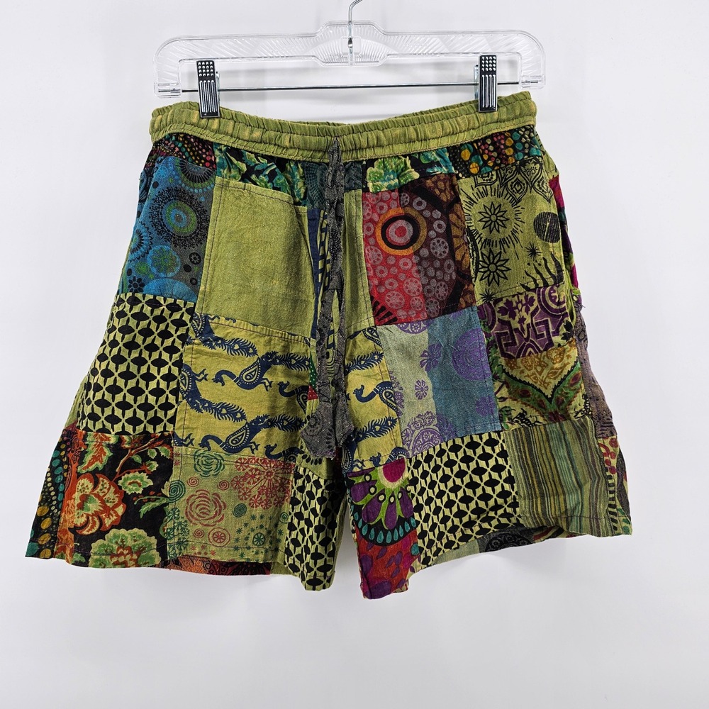 Kathmandu Imports Patchwork Shorts Womens XL Olive Boho Festival Cotton Nepal